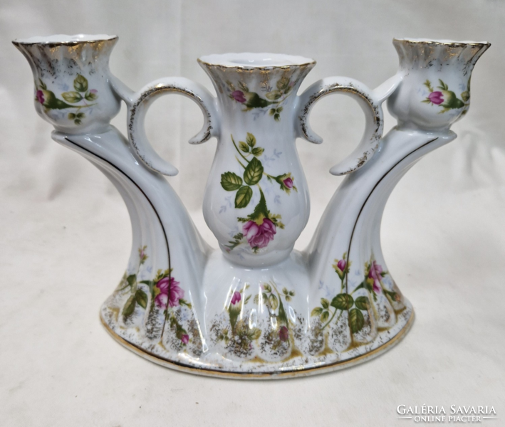 Decorative Chodziez porcelain three-pronged candle holder with a rose pattern in perfect condition