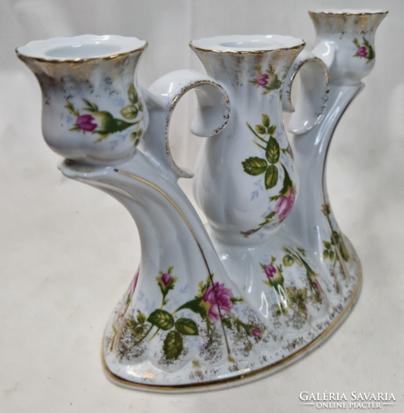 Dekoratív Chodziez porcelán három ágú gyertyatartó rózsa míntával hibátlan állapotban