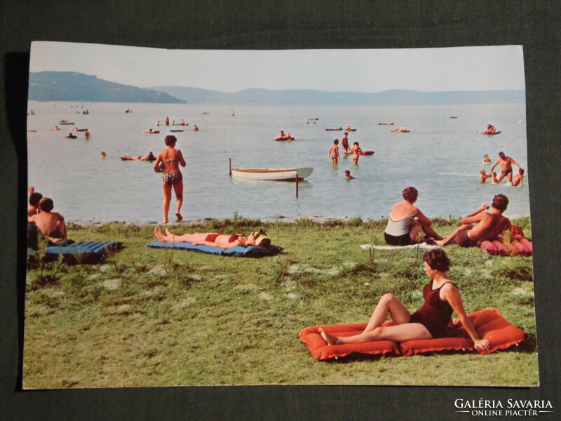 Postcard, Balaton skyline, Balaton beach detail with bathers, rubber mattress
