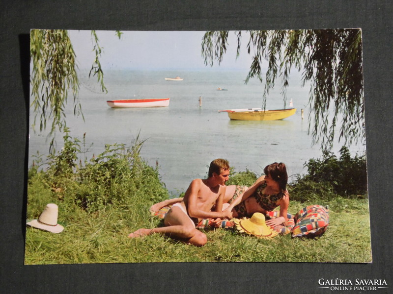 Képeslap, Balaton part részlet emberekkel, látkép csónak