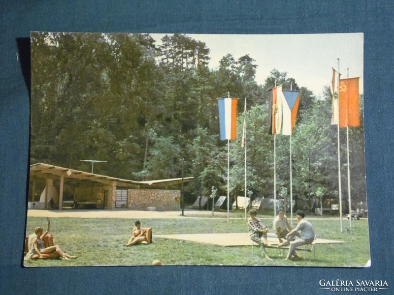 Postcard, Balaton, Balatonföldvár camping, camping detail with people, country flag
