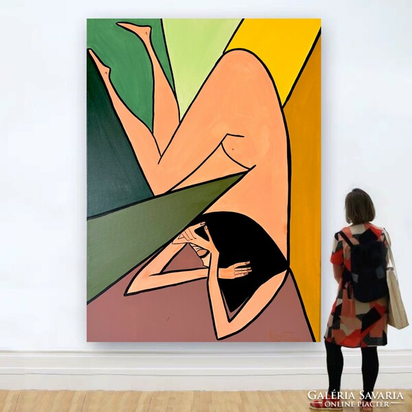 Forray Nóry kortárs festőművész absztrakt, modern színes festménye - "Akrobata játéka", 50x70 cm