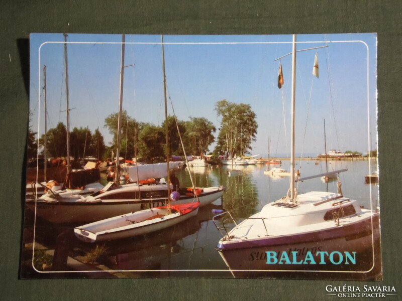Képeslap, Balaton part, Balatonboglár,móló, kikötő részlet, vitorlás hajó, kemping, camping