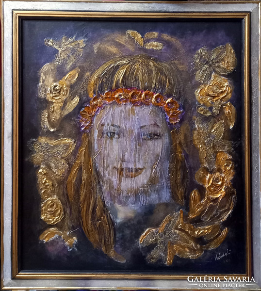 Virágos mosoly.55x60 cm. Prima díjas művésztől, tanúsítvánnyal. Károlyfi/1952