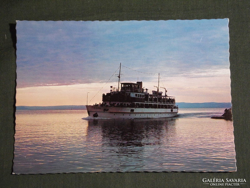 Postcard, Balaton beach, Siófok harbor detail, Beloianis cruise ship