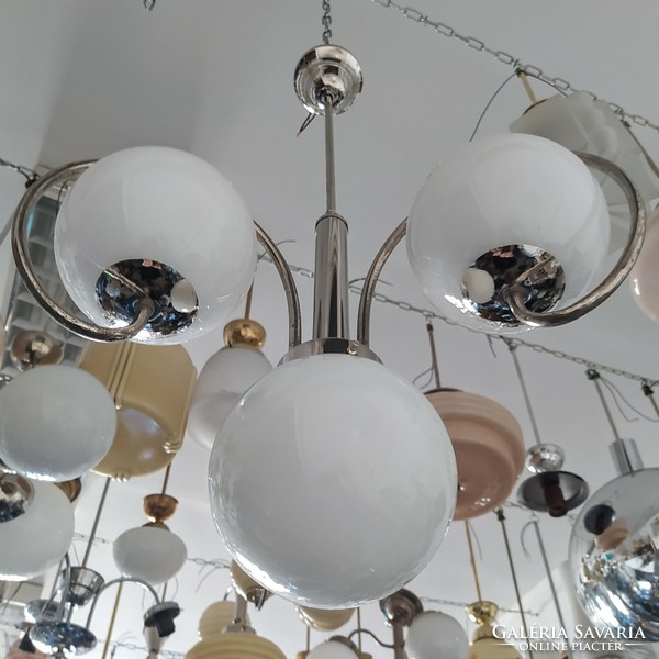 Art deco - Bauhaus nikkelezett csillár felújítva - tejüveg gömb búrák