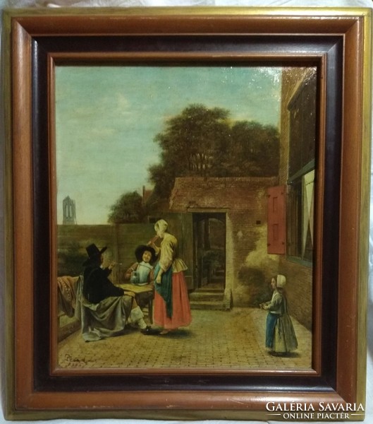 Pieter de hooch print (two officers and a woman are drinking in the courtyard