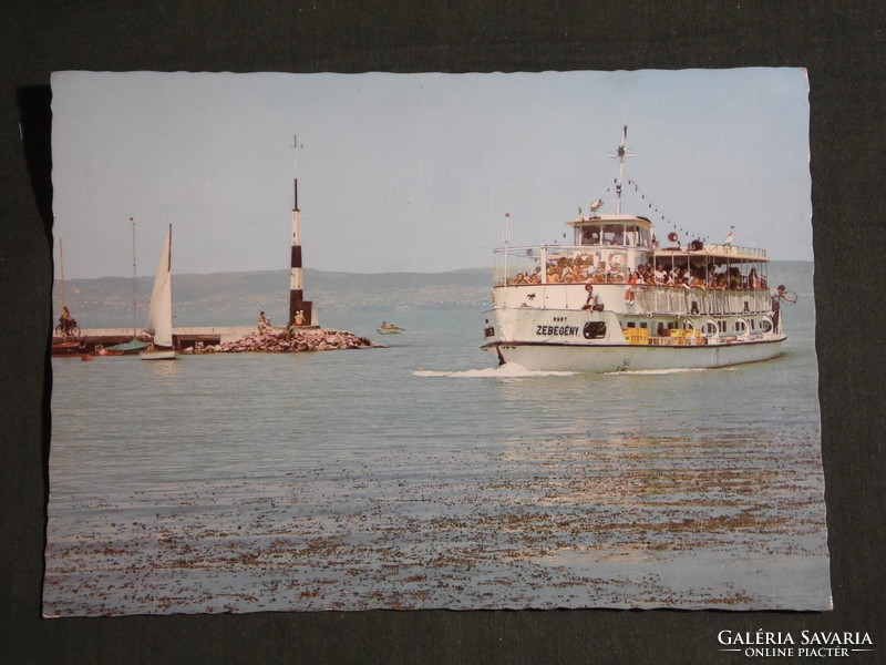 Postcard, Balaton beach, pier harbor detail, zebegén cruise ship