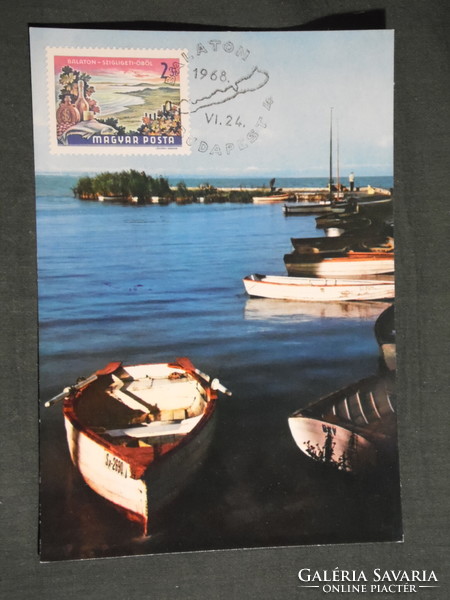 Postcard, Balaton beach, Szigliget bay detail with boats, Balaton Budapest stamp