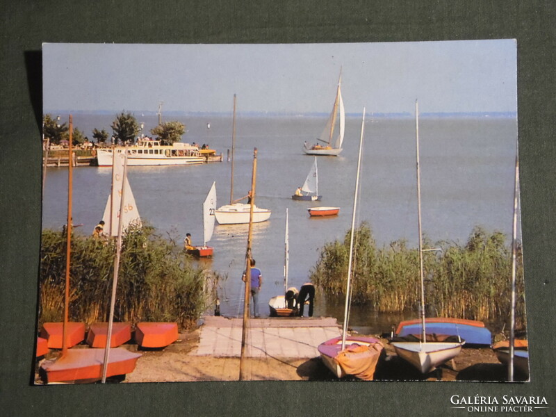 Postcard, detail of Balaton beach, Tihany harbor, pleasure boat, sailing school