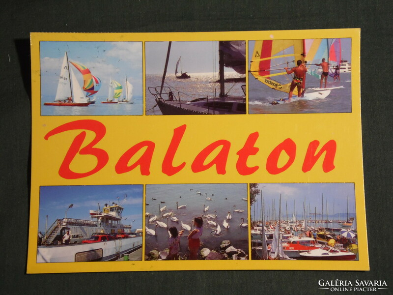 Képeslap, Balaton mozaik részletek,komp,vitorlás hajó,kikötő, hattyú