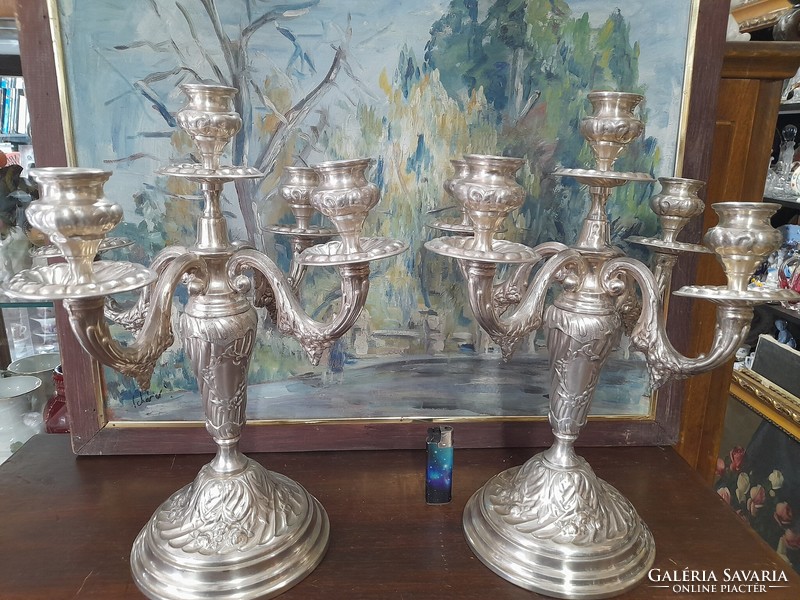 Spanish large-sized, fire-branded, thickly silver-plated pair of 5-branch candle holders. Marked. 37.5 Cm.