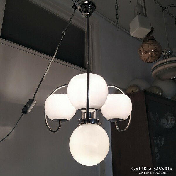 Art deco - bauhaus nickel-plated chandelier renovated - milk glass spherical shades