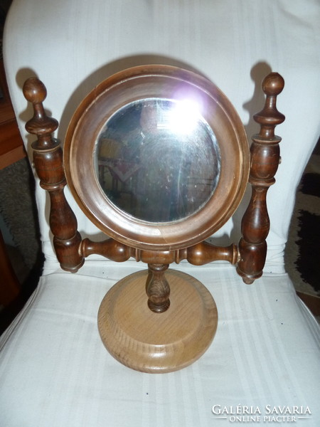 Asztali kerek kézi tükör forgatható, talpas kerek fából készült régi  lengyel