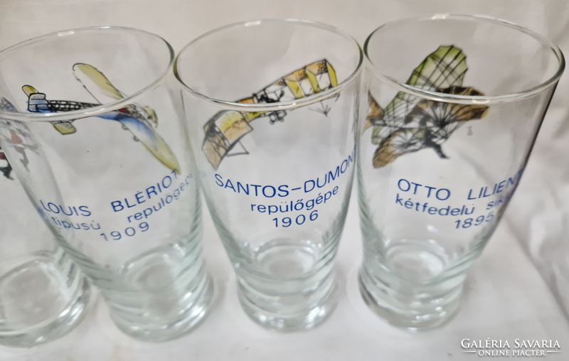 Six Hungarian glass cups with aviation history scenes and inscriptions in perfect condition