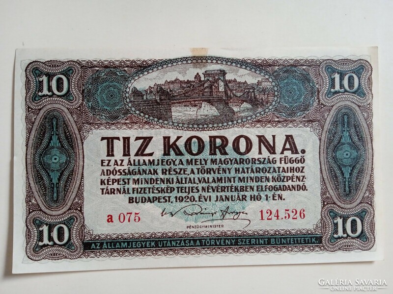 1920. Tíz korona. Hajtatlan!