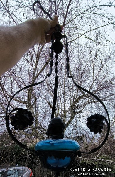 Antique petroleum chandelier lamp, wrought iron, milk glass shade. . Even electrified if you put a light bulb in the bulb
