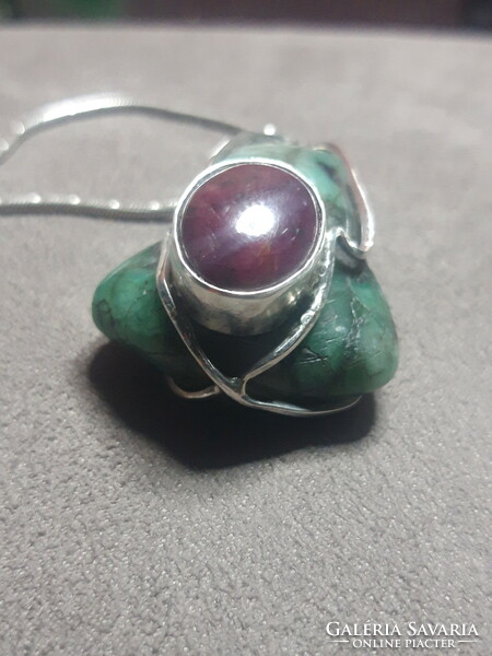Emerald and ruby amulet - silver jewelry