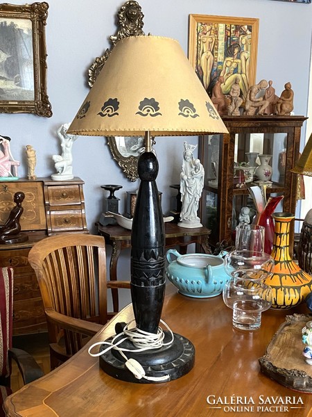 1930 Hungarian carved black wooden table lamp with original shade 84 cm