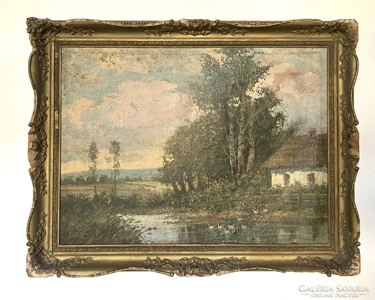 Antique village landscape oil canvas painting blonde frame 80 x 60 cm