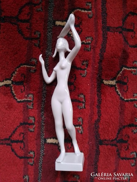Rare! Old white unpainted glazed drasche porcelain figure, filigree female nude with bowl on head, flawless