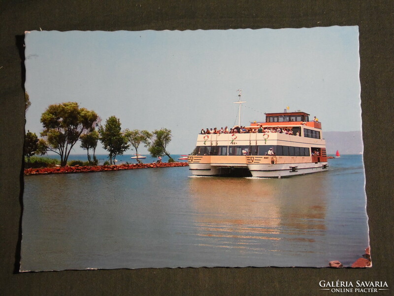 Postcard, balaton detail, skyline, Siófok catamaran ship