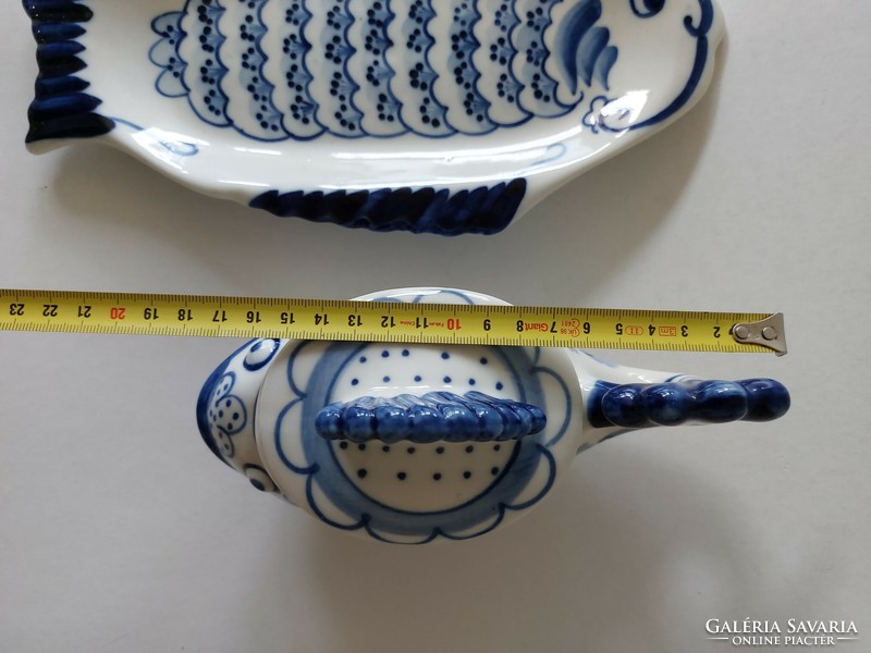 Russian gzhel handmade folk ceramic fish offering blue white caviar holder Russian fish tray 2 pcs