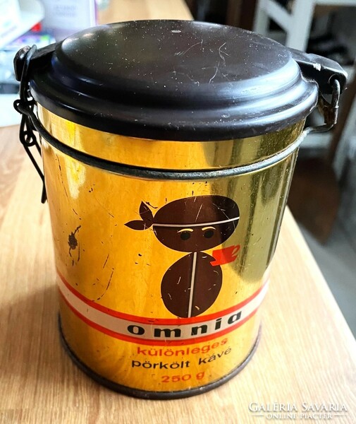 Old omnia coffee tin box with vinyl lid, metal box 250g, retro