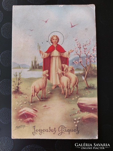 Régi húsvéti képeslap Jézus bárányok