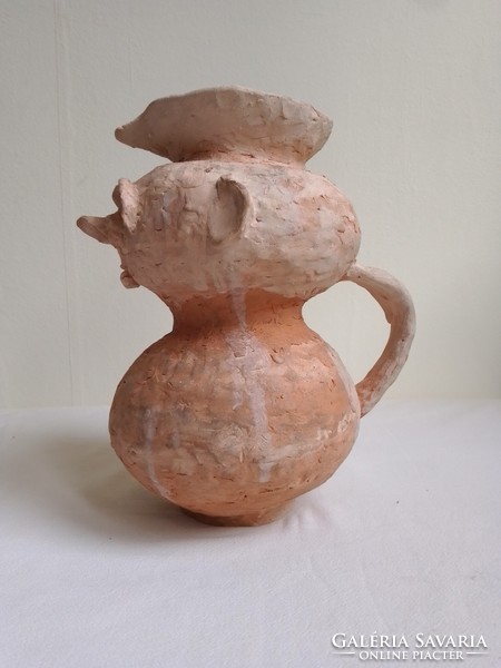 Unique, funny, cheerful, grotesque figure-shaped, unglazed, applied fired clay jar with ears, marked