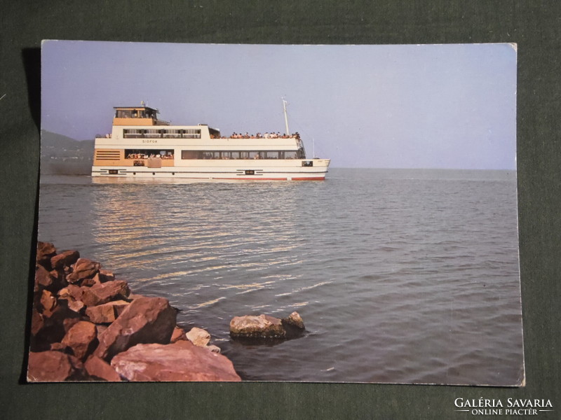 Postcard, balaton detail, skyline, Siófok catamaran ship