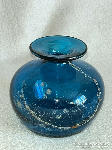 Jelzett zöldeskék kézműves üveg váza (U0019)