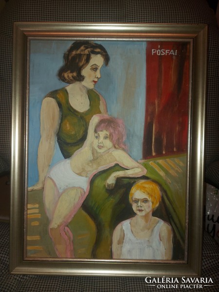 L.Kovács Júlia/Pósfai Júlia/Pósfainé: " Anya két gyermekével", festmény, olaj, falap, 35x48 cm