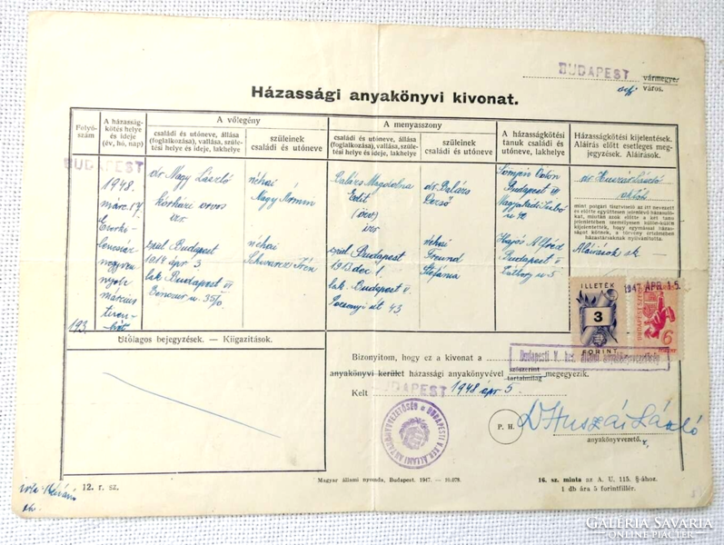 1948. Hajós Alfréd különlegesség, relikvia, az olimpikon egy eredeti házassági anyakönyvi kivonaton.