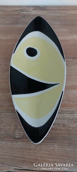 Fekete-sárga Török János  Zsolnay porcelán  modern csónaktányér, halas tál, kínáló