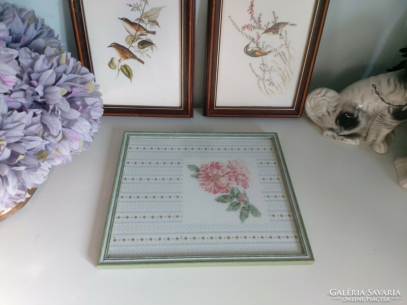Larger, charming, cross-stitch needlework picture of a rose in a nice frame 35x30 cm