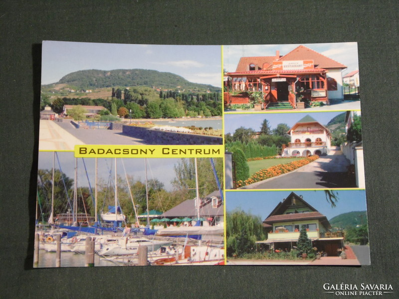 Képeslap,Balaton,Badacsony,mozaik részletek,látkép,kikötő,étterem,fogadó,üdülő