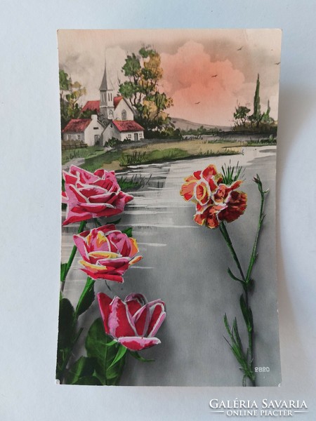 Régi képeslap tájkép virágok