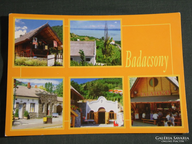 Postcard, Balaton, Badacsony, mosaic details, Kisfaludy wine house, buffet, view, wine bar, sailing ship