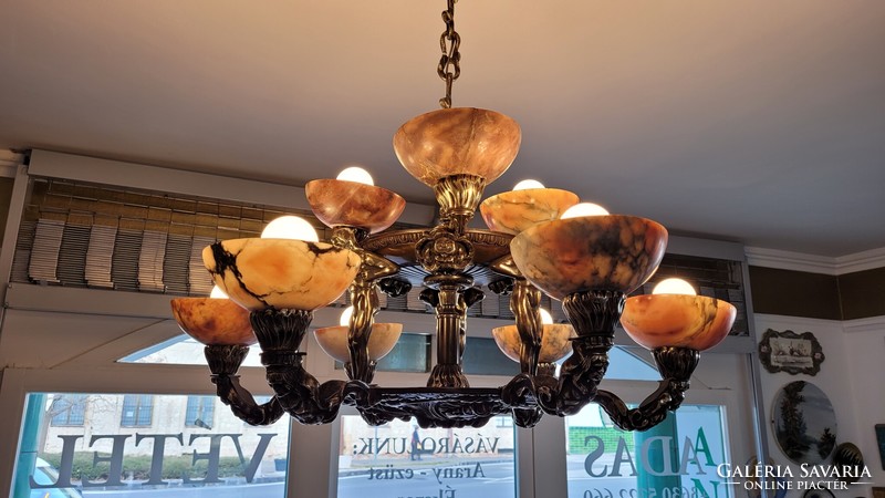 Antique alabaster and bronze chandelier, diameter 85 cm