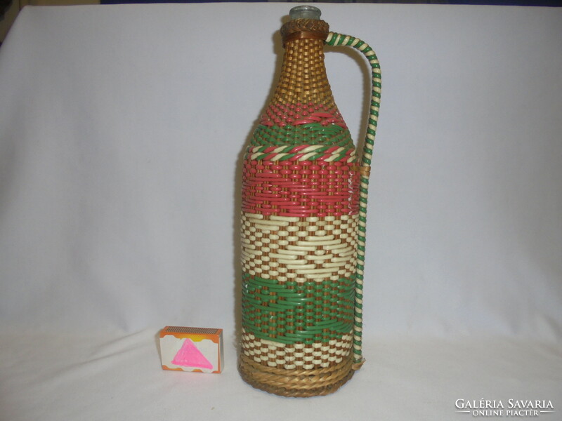 Glass bottle woven with old wire and cane - red-white-green - 31.5 cm