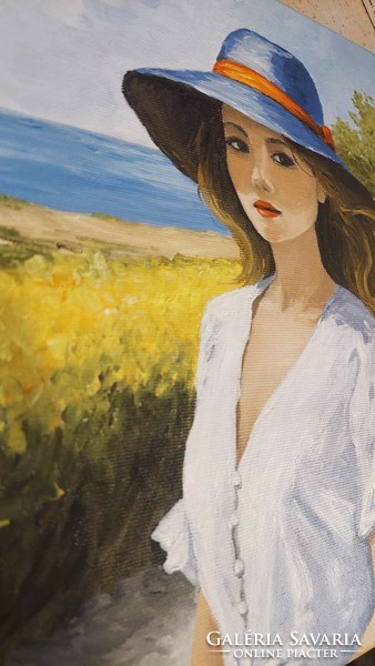 Lány kalapban - festmény