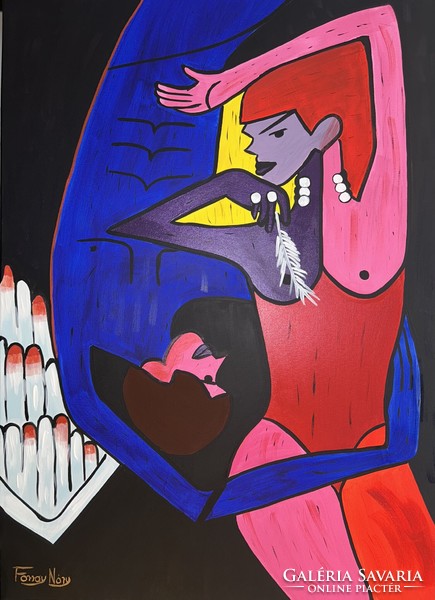 Hatalmas 65x90 cm kortárs modern festőművész akril vászon akt festmény, Forray Nóry - Cupido
