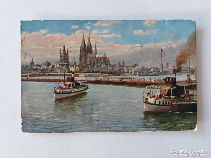 Old postcard landscape ships h. Hoffman