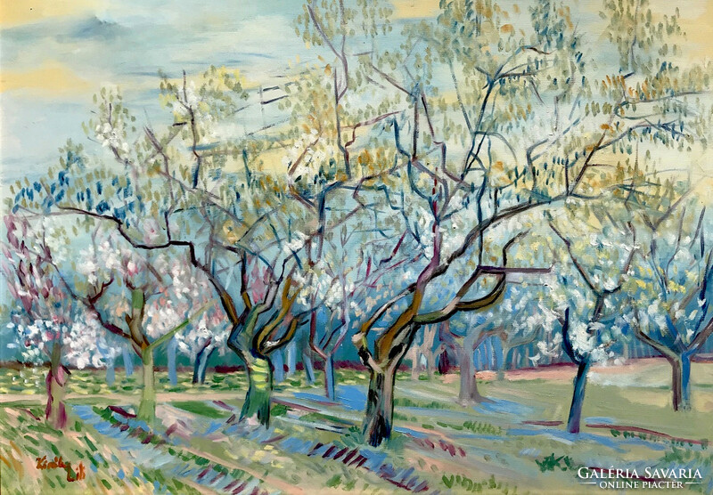 Fruit with blooming plum trees - after Van Gogh - oil painting - 50 x 70 cm