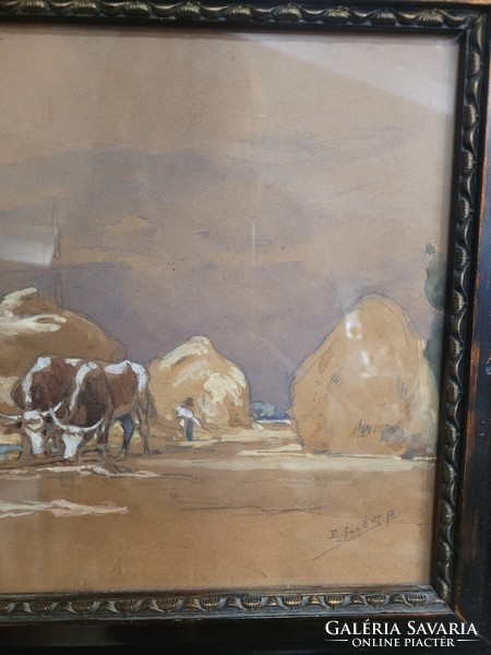Edvi-illés aladár (1870 - 1958): threshing watercolor picture rare!