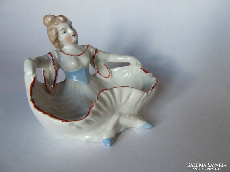 Régi, antik különleges, kézzel festett biedemeier hölgy porcelán figura, ékszer, pipere tartó