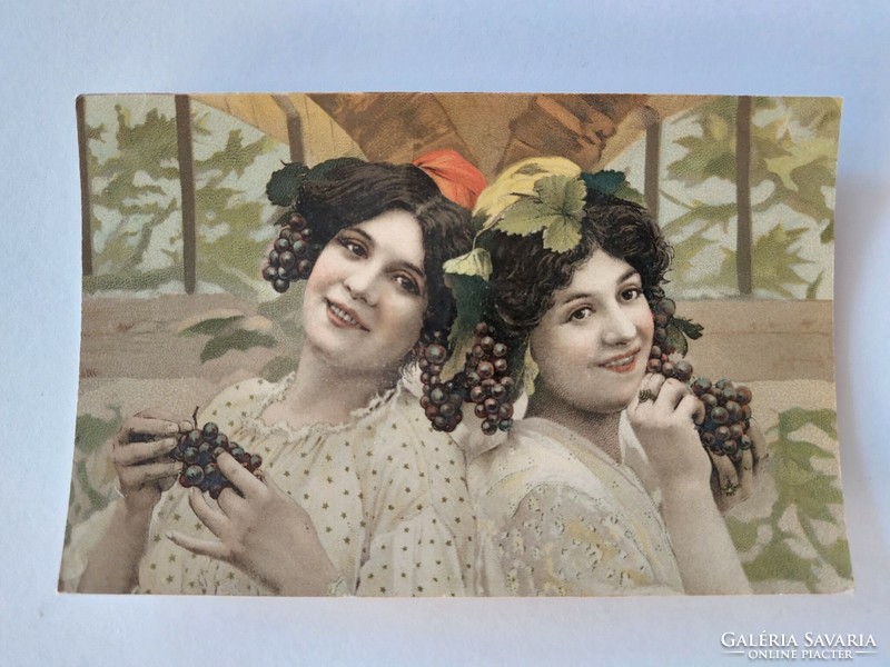Régi képeslap hölgyek szőlővel fotó