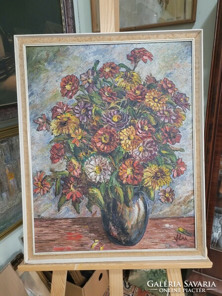 Vén Emil (1902 - 1984): flower still life oil on wood painting