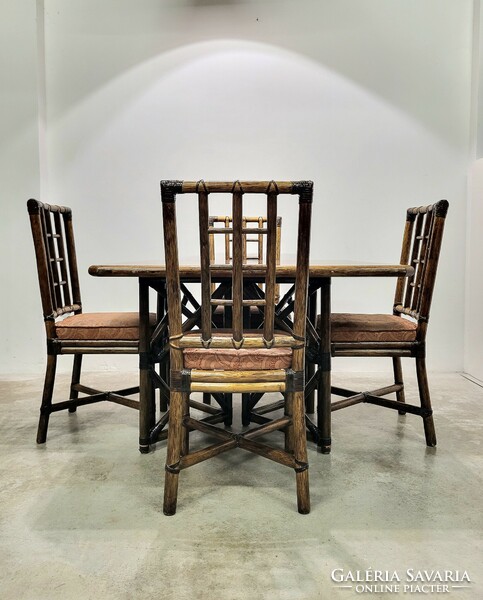 Vintage Italian mid century modern rattan dining table with four chairs